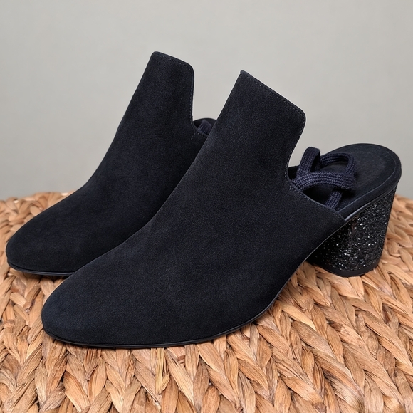 Free People Sparkler Mule Glitter Heel Black Suede Lace Back Block Heel Size 40 - Picture 2 of 12